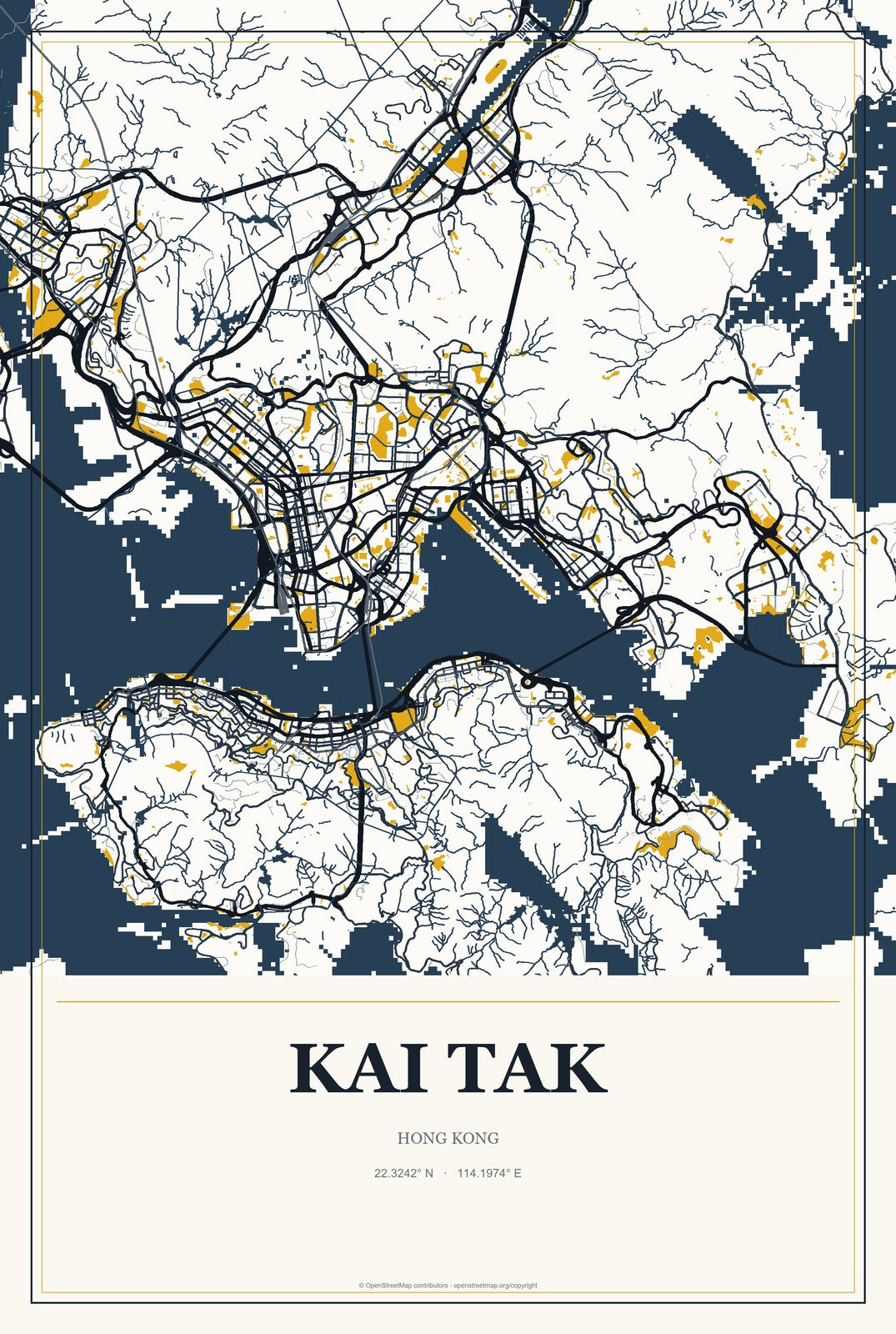 Kai Tak, Hong Kong City Map Aluminum Sign in Citrine Modern style