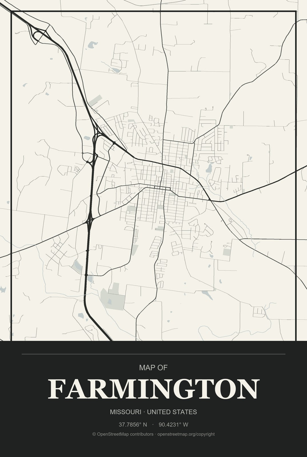 Farmington, Missouri City Map Aluminum Sign in Museum Plaque style