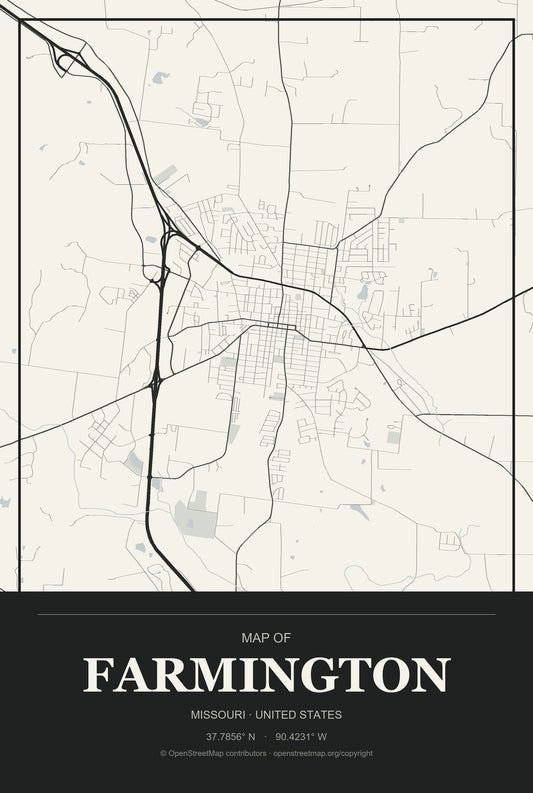 Farmington, Missouri City Map Aluminum Sign in Museum Plaque style