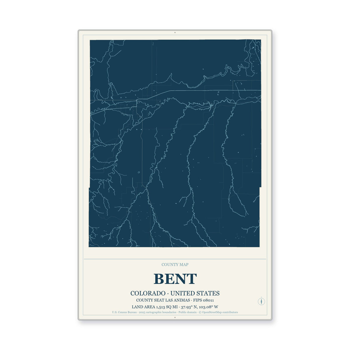 Bent County, Colorado Map Aluminum Sign in Coastal Cutout style