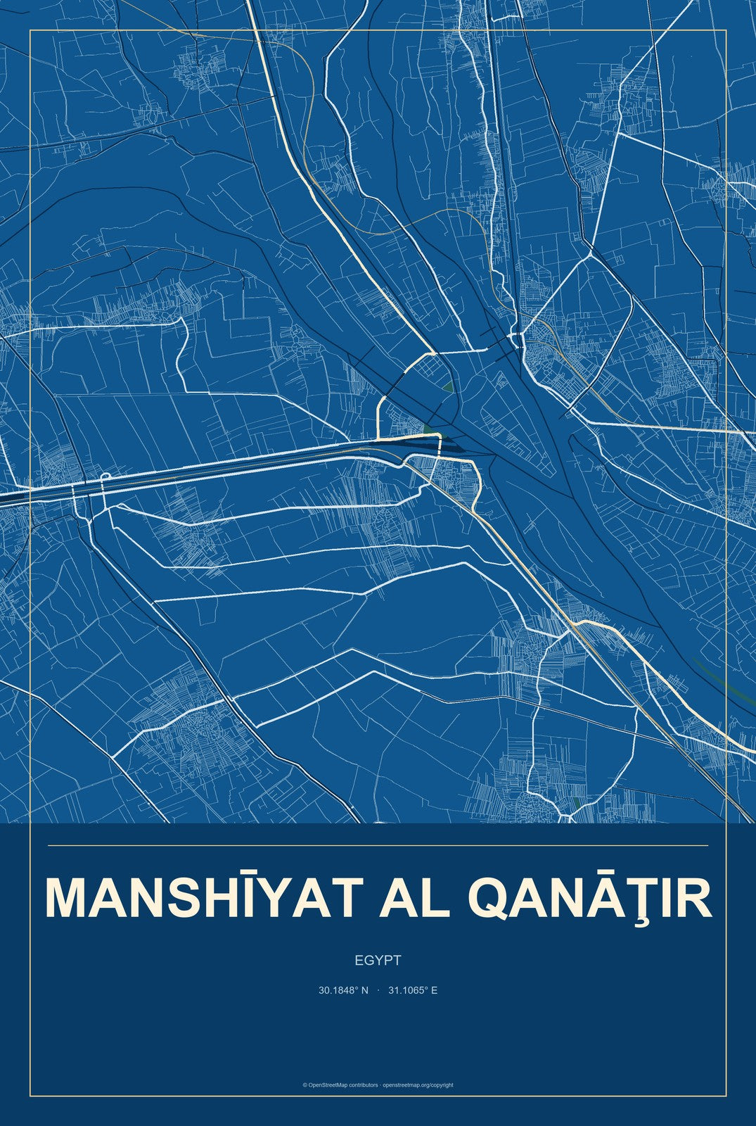 Manshīyat al Qanāţir, Egypt City Map Aluminum Sign in Harbor Cobalt style