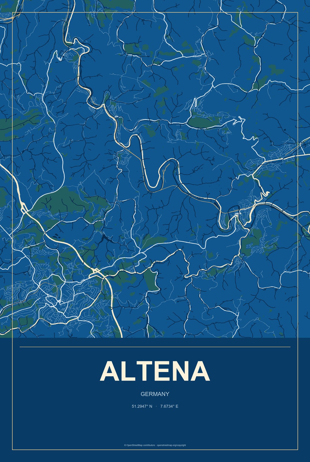 Altena, Germany City Map Aluminum Sign in Harbor Cobalt style