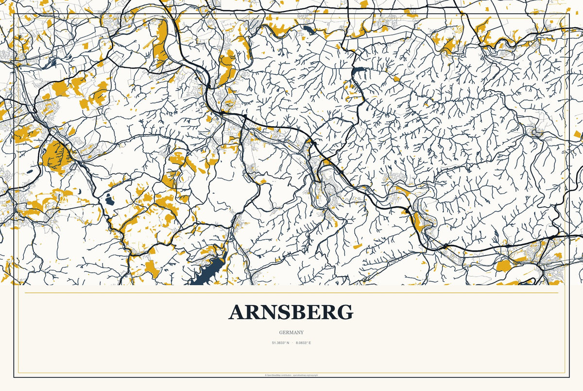 Arnsberg, Germany City Map Aluminum Sign in Citrine Modern style