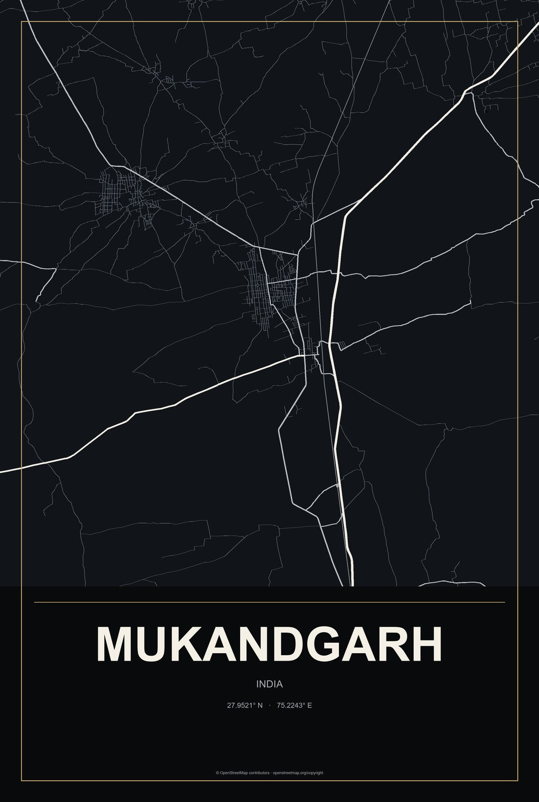 Mukandgarh, India City Map Aluminum Sign in Metropolitan Noir style