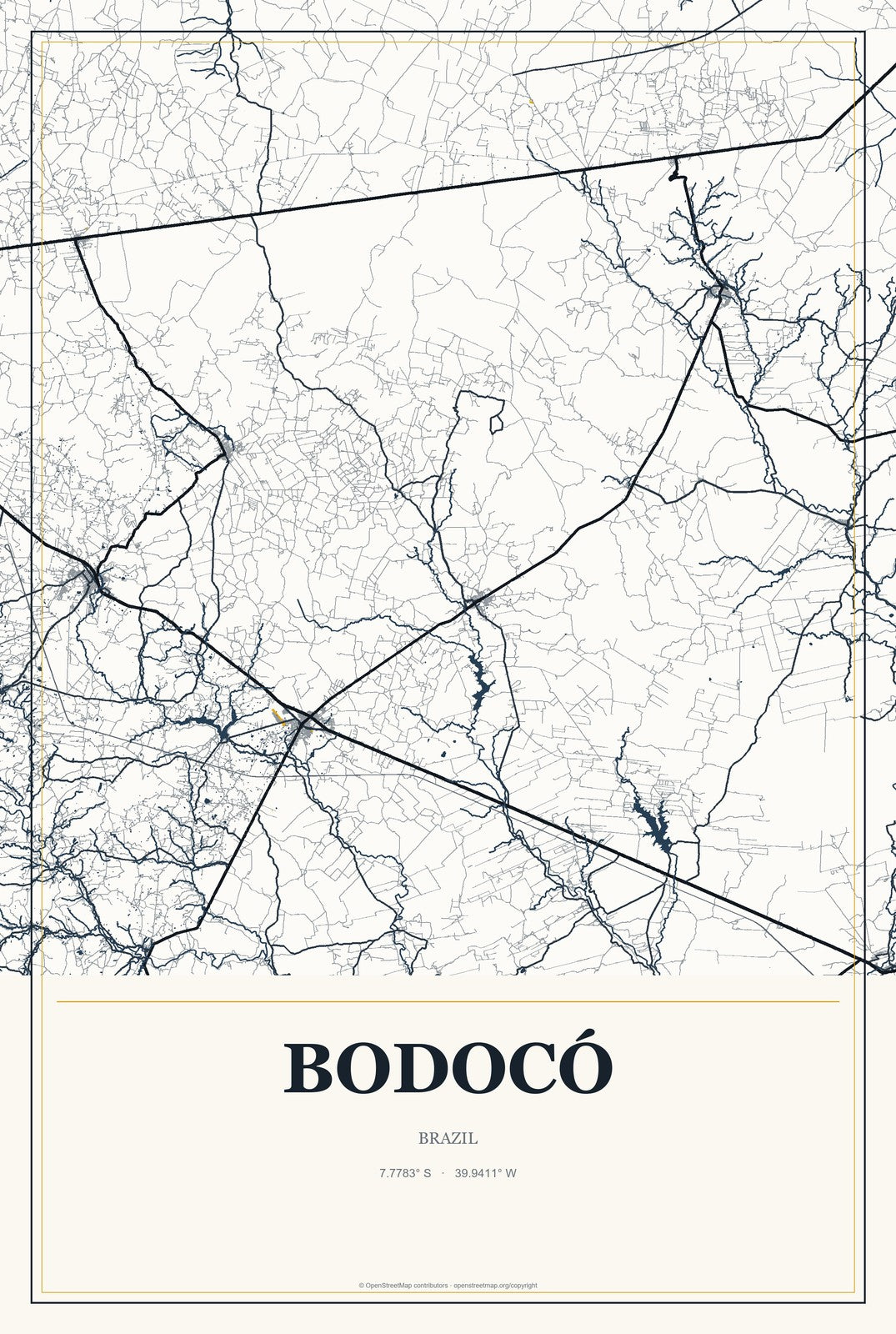 Bodocó, Brazil City Map Aluminum Sign in Citrine Modern style