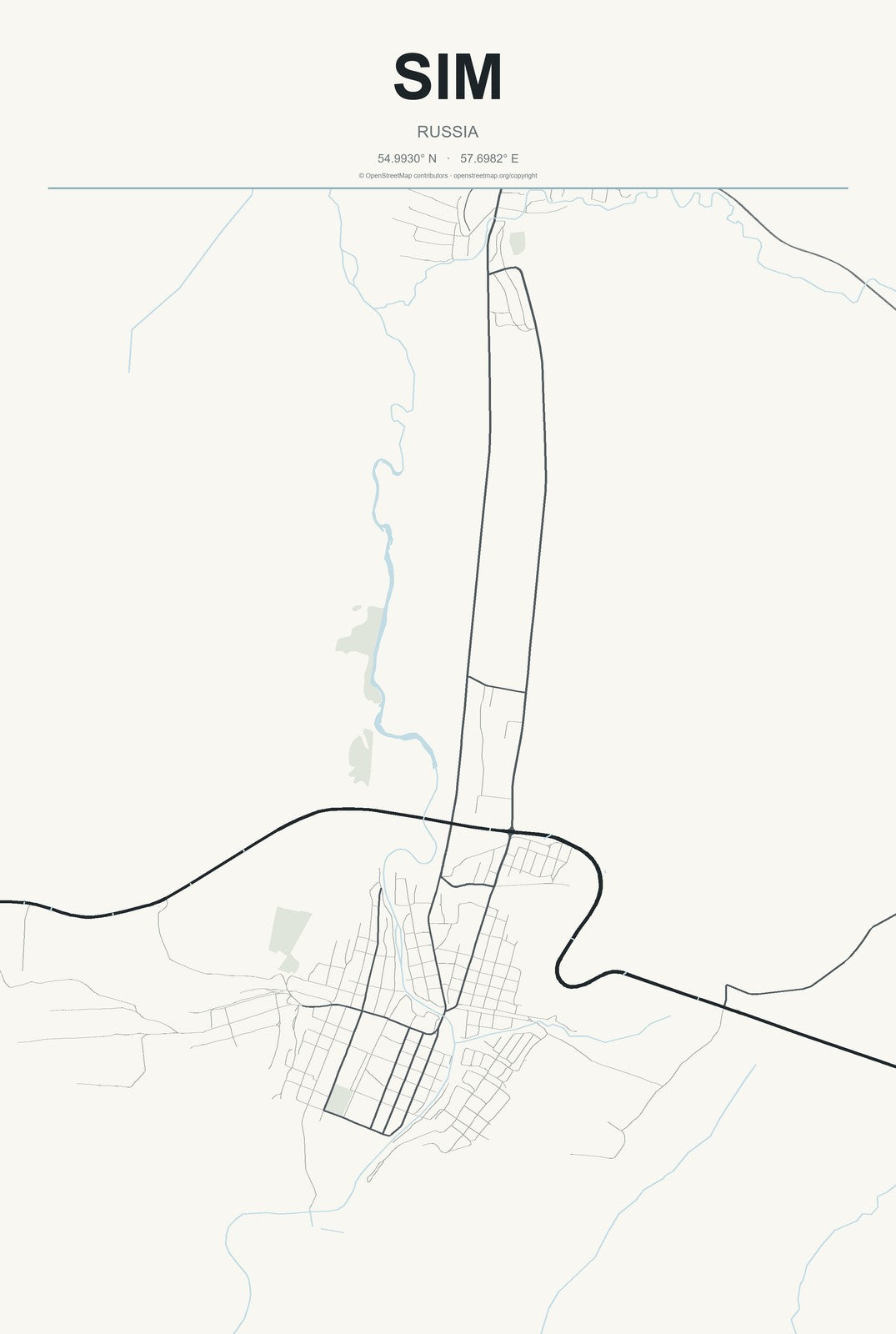 Sim, Russia City Map Aluminum Sign in Headline Atlas style