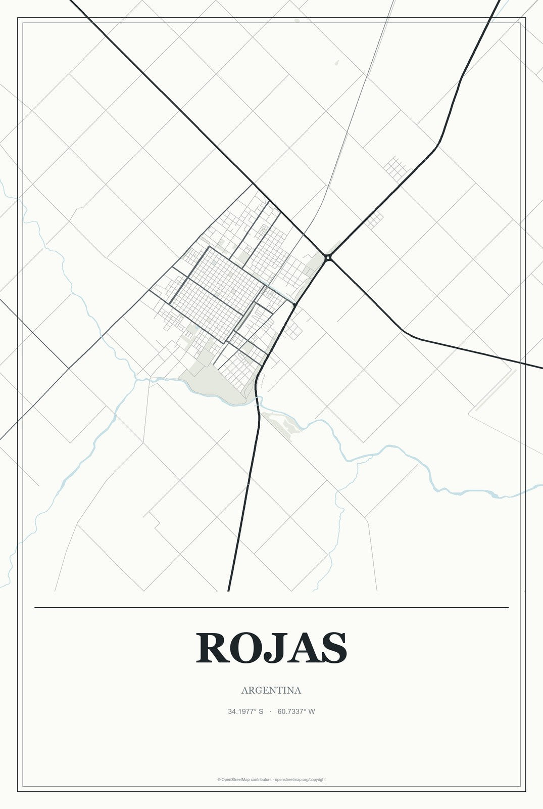Rojas, Argentina City Map Aluminum Sign in Gallery Air style