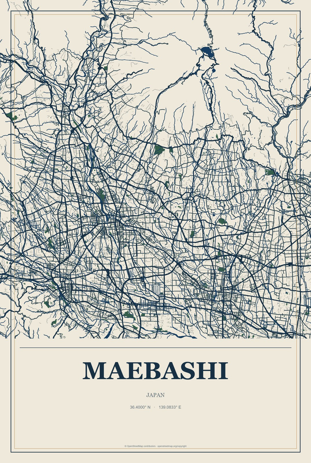 Maebashi, Japan City Map Aluminum Sign in Coastal Cutout style