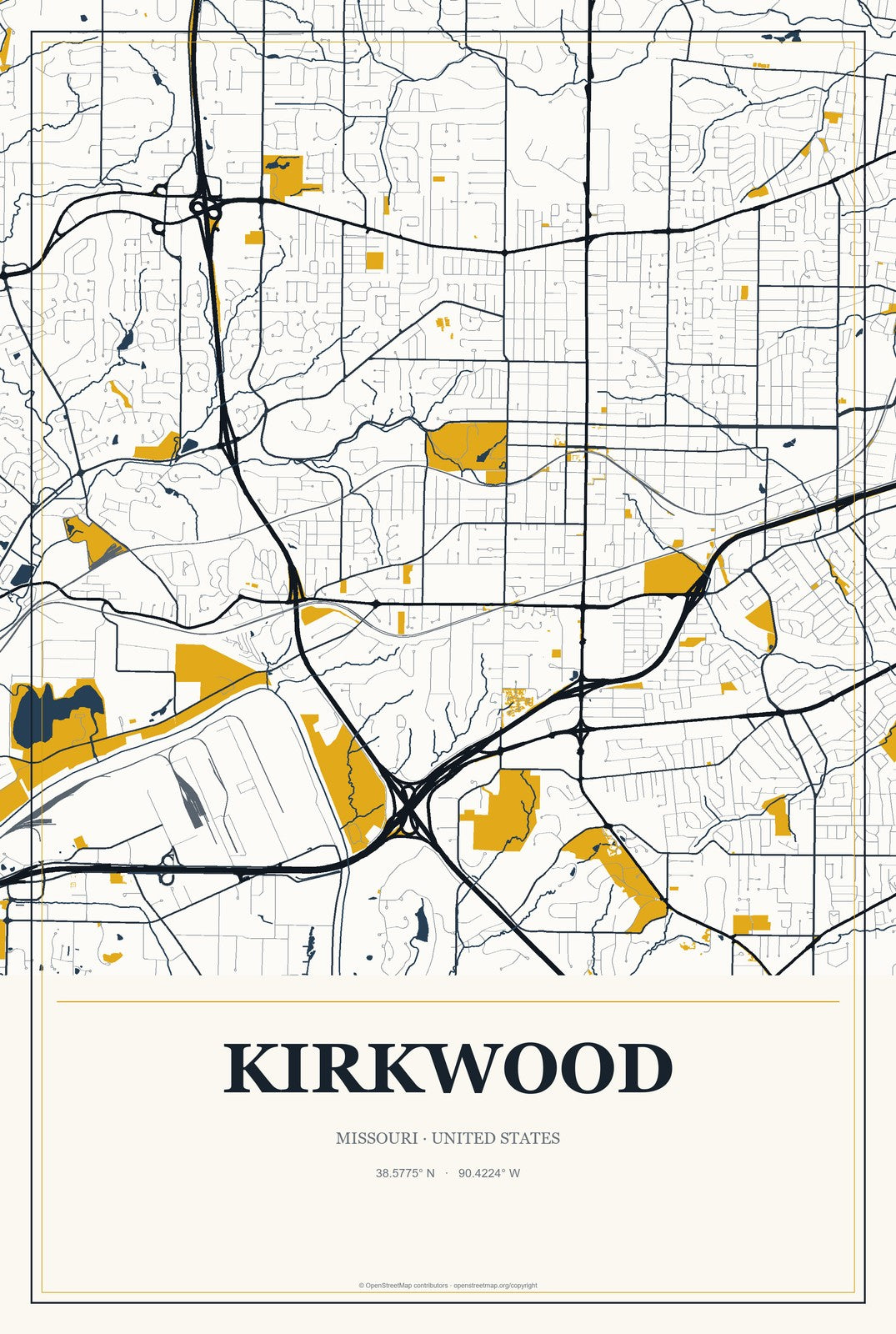 Kirkwood, Missouri City Map Aluminum Sign in Citrine Modern style