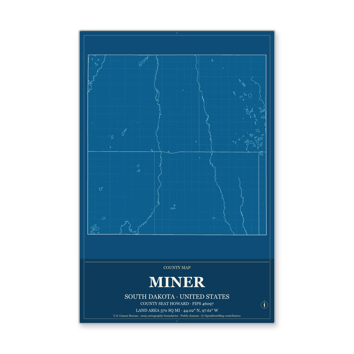 Miner County, South Dakota Map Aluminum Sign in Harbor Cobalt style