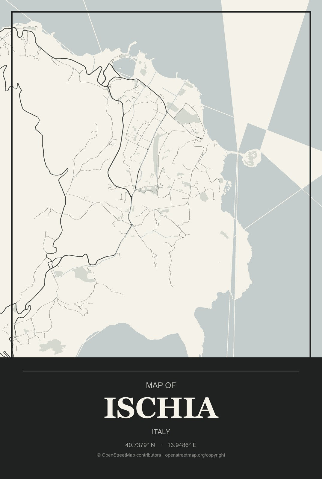 Ischia, Italy City Map Aluminum Sign in Museum Plaque style