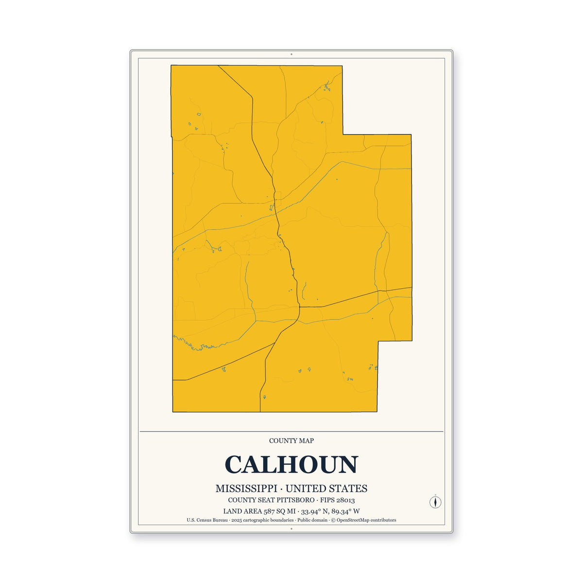 Calhoun County, Mississippi Map Aluminum Sign in Citrine Modern style