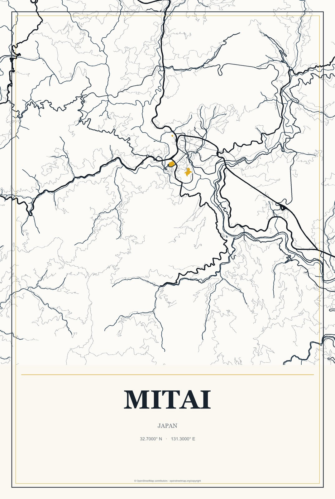 Mitai, Japan City Map Aluminum Sign in Citrine Modern style