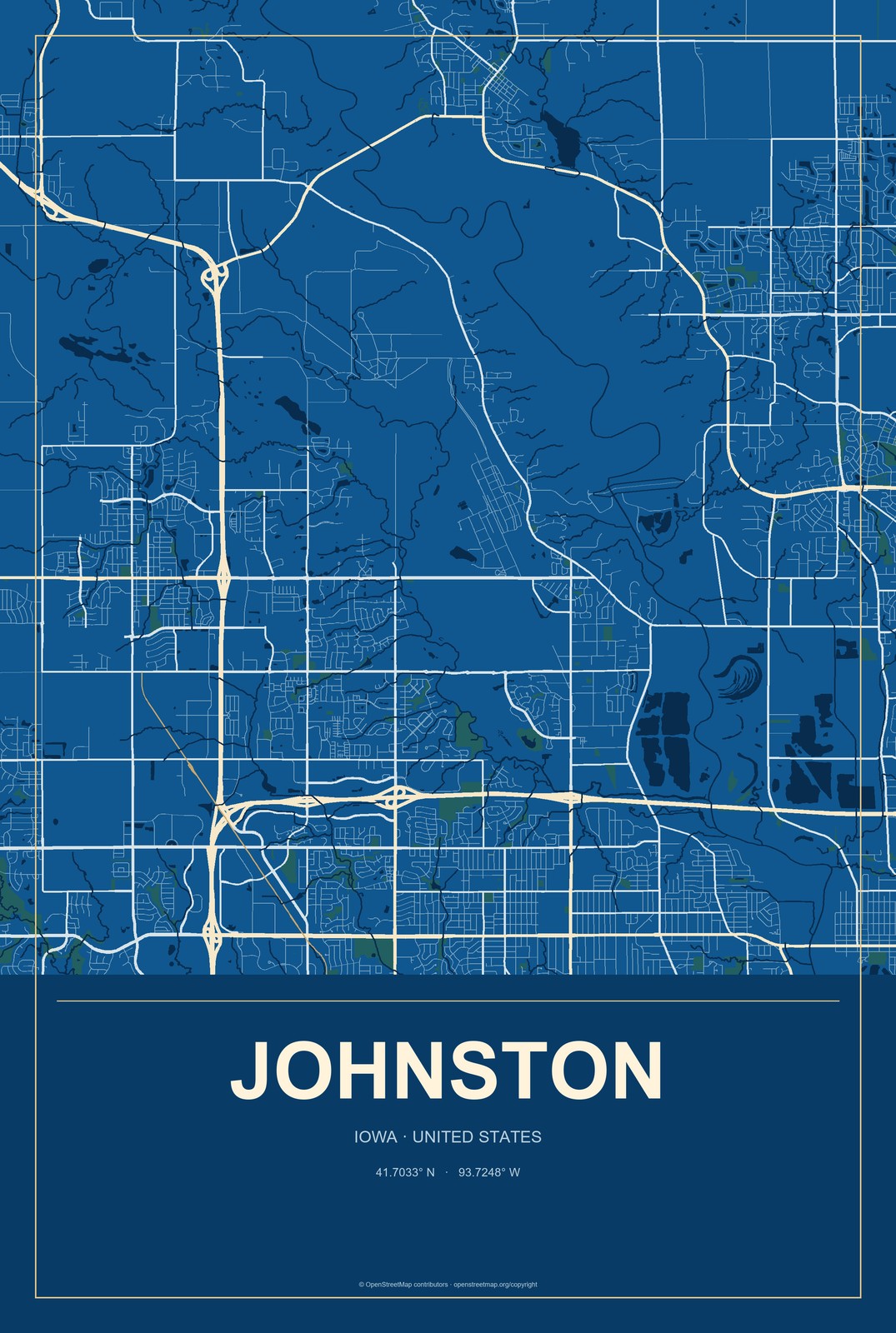 Johnston, Iowa City Map Aluminum Sign in Harbor Cobalt style