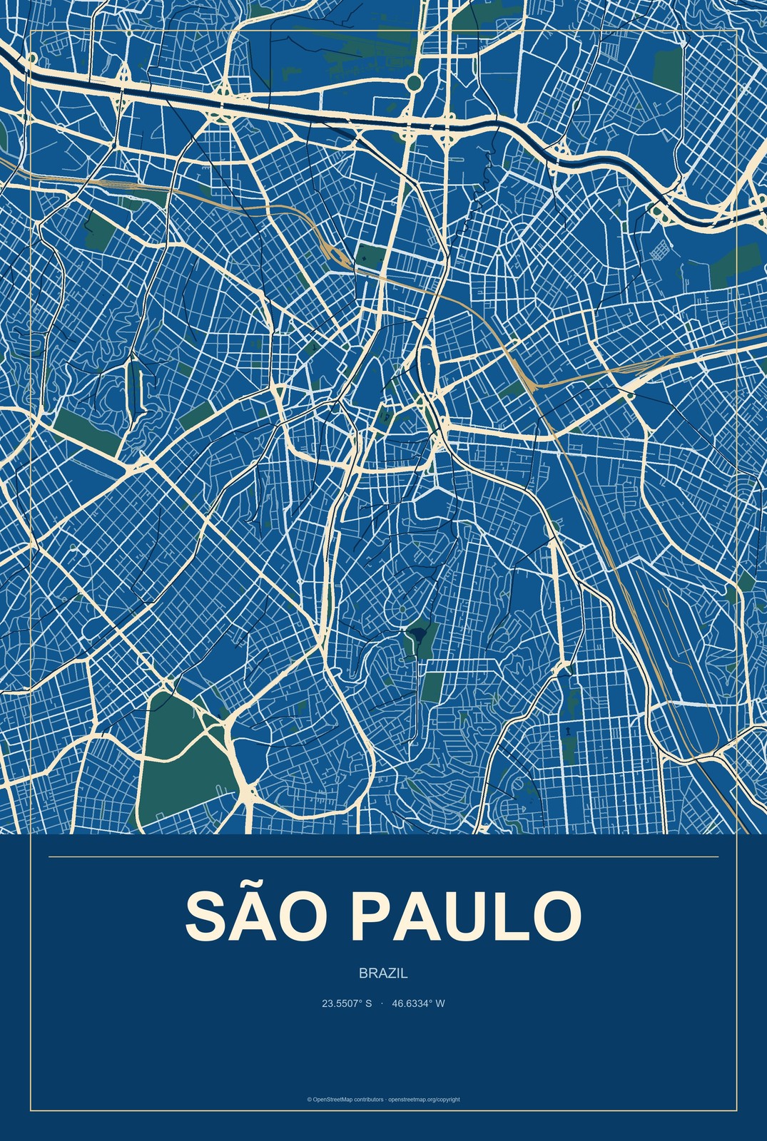 São Paulo, Brazil City Map Aluminum Sign in Harbor Cobalt style