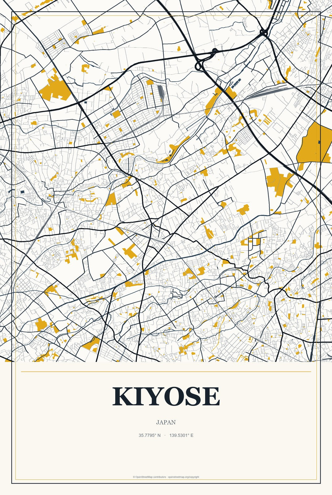 Kiyose, Japan City Map Aluminum Sign in Citrine Modern style