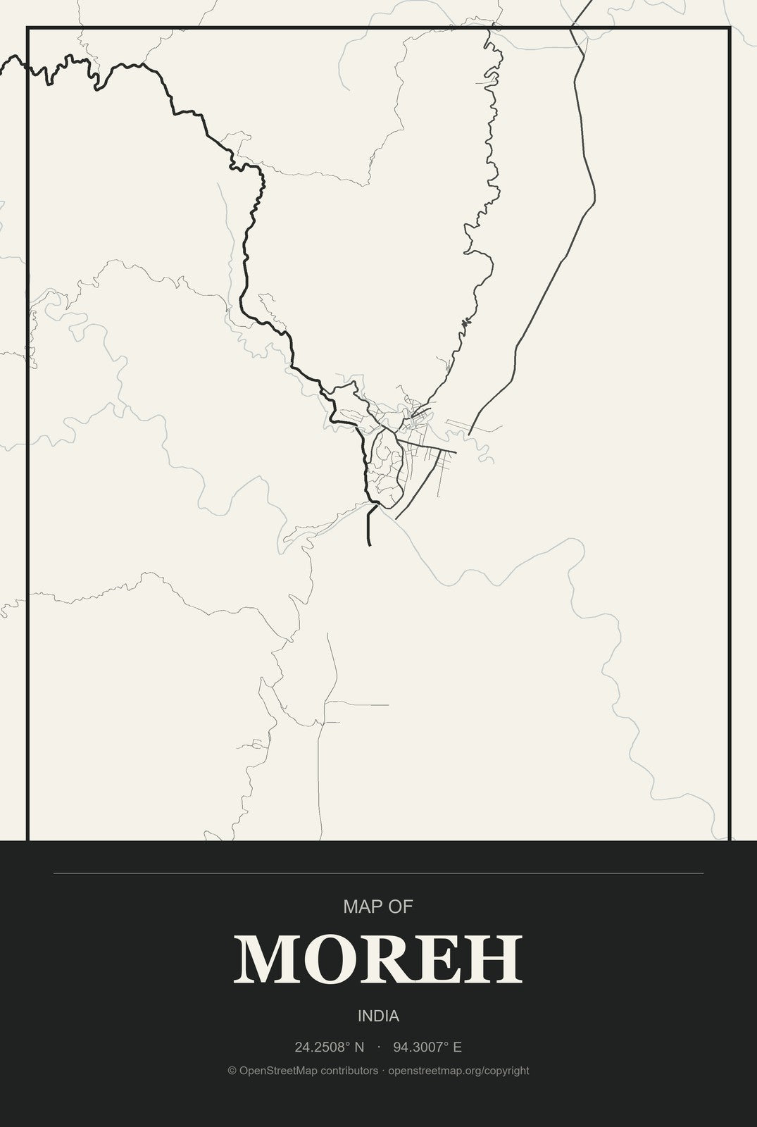 Moreh, India City Map Aluminum Sign in Museum Plaque style