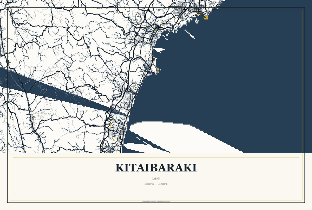 Kitaibaraki, Japan City Map Aluminum Sign in Citrine Modern style