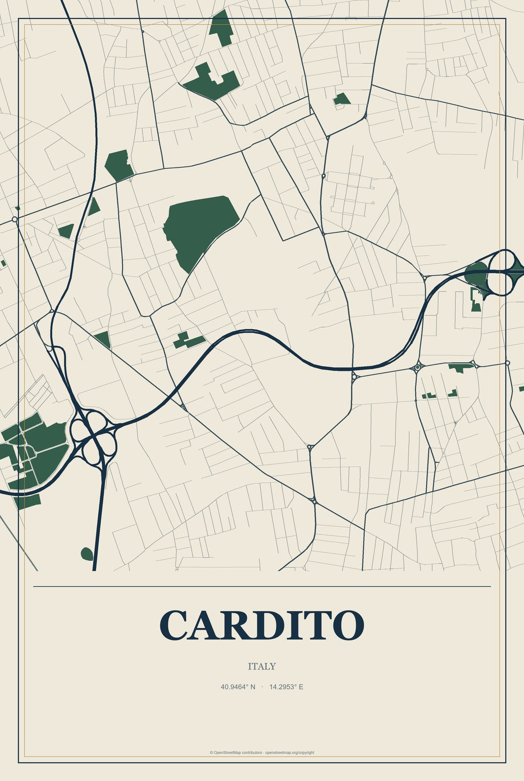 Cardito, Italy City Map Aluminum Sign in Coastal Cutout style