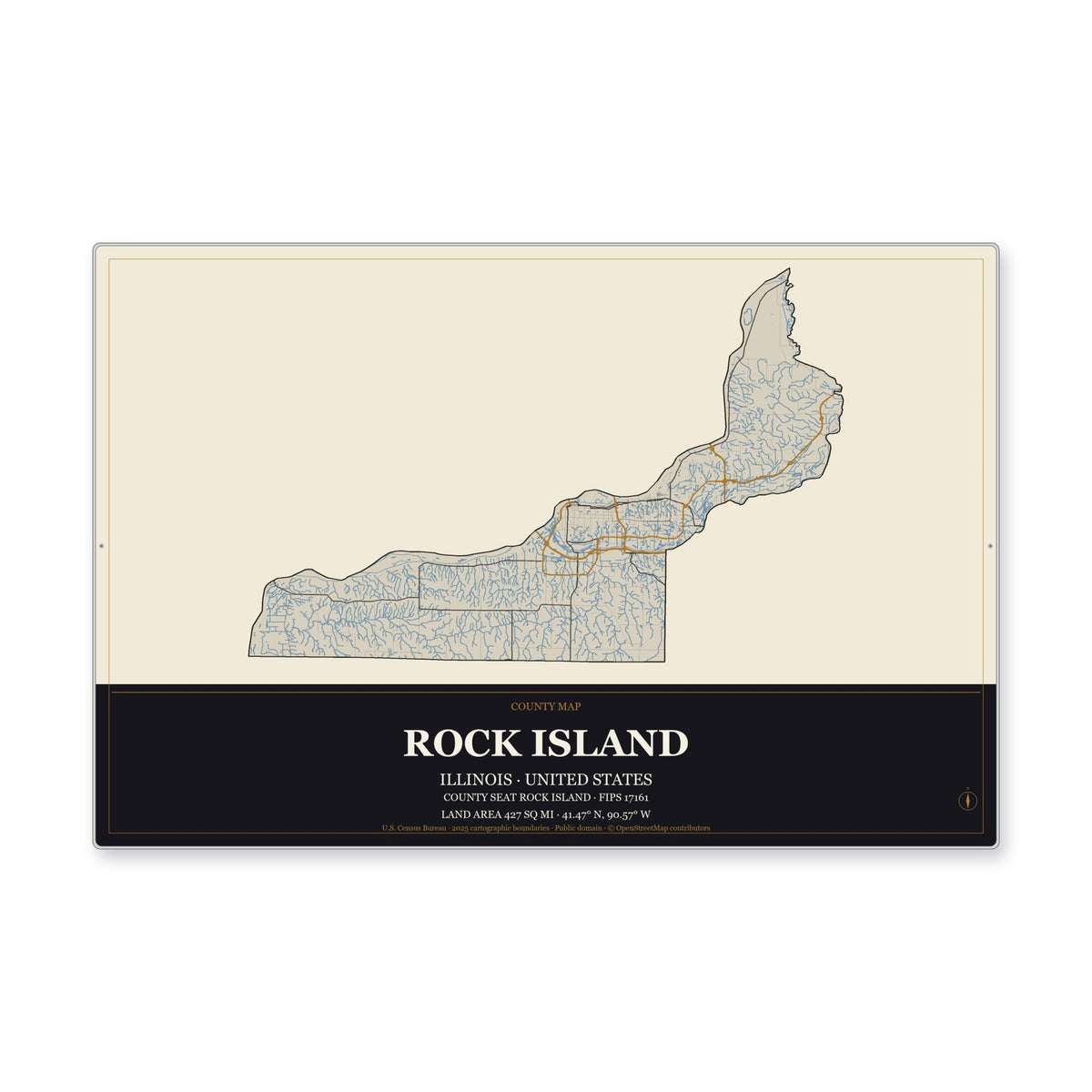Rock Island County, Illinois Map Aluminum Sign in Museum Plaque style