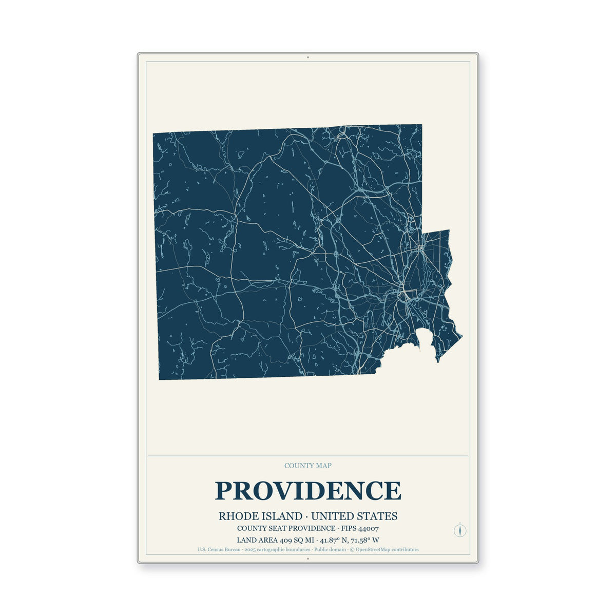 Providence County, Rhode Island Map Aluminum Sign in Coastal Cutout style