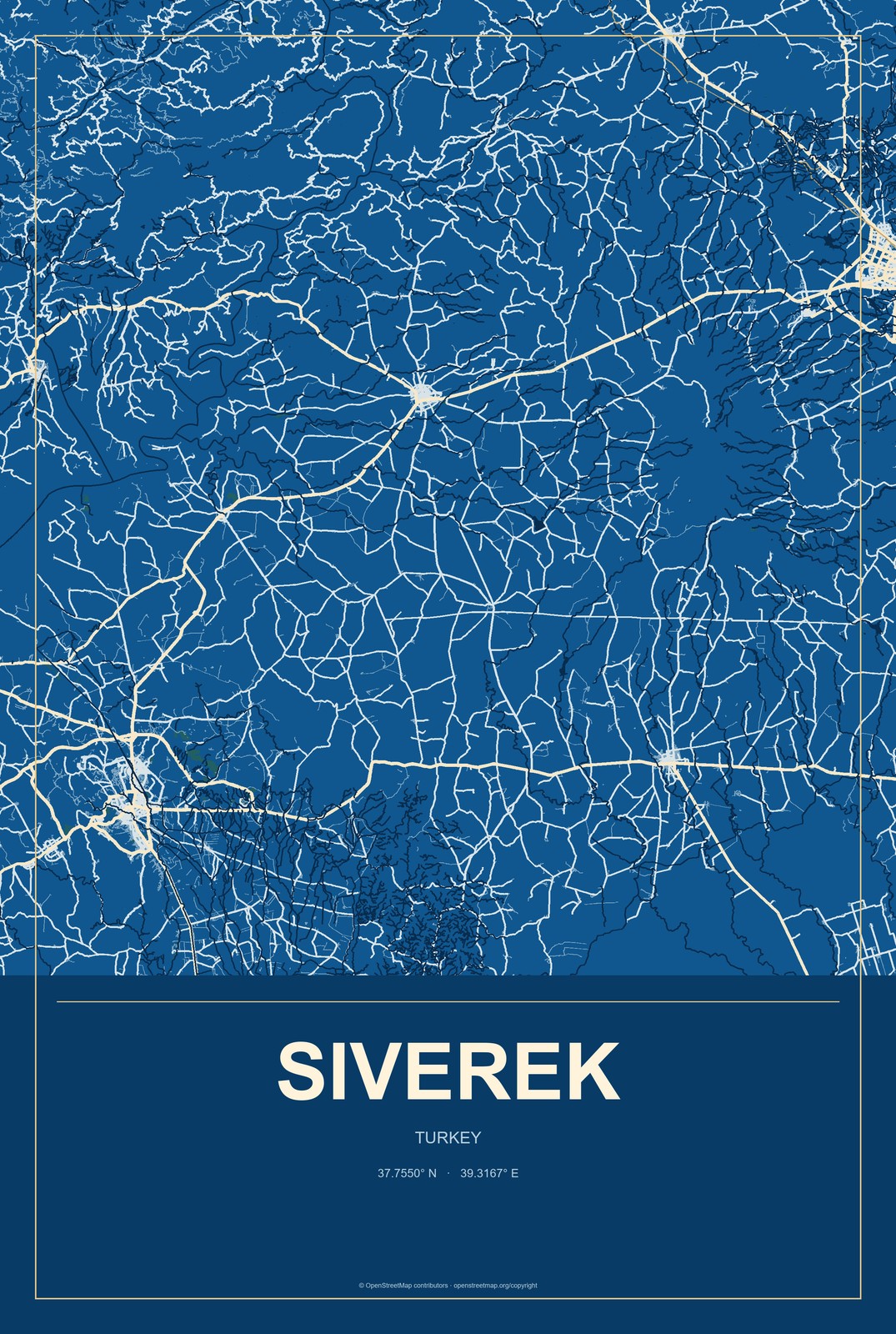 Siverek, Turkey City Map Aluminum Sign in Harbor Cobalt style