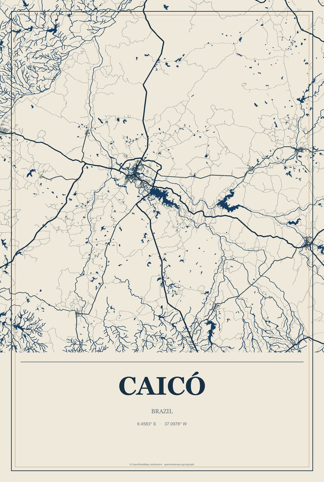 Caicó, Brazil City Map Aluminum Sign in Coastal Cutout style