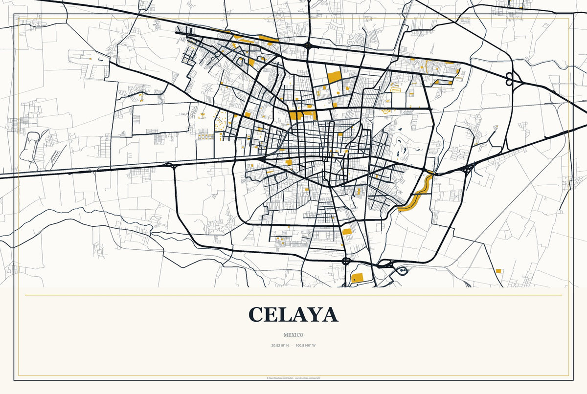 Celaya, Mexico City Map Aluminum Sign in Citrine Modern style