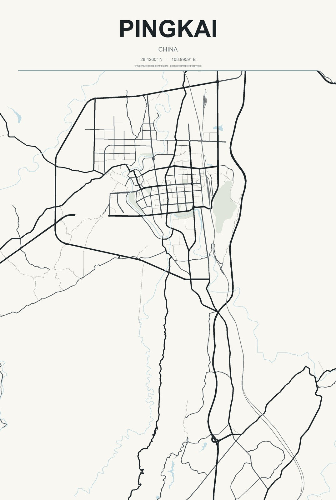 Pingkai, China City Map Aluminum Sign in Headline Atlas style