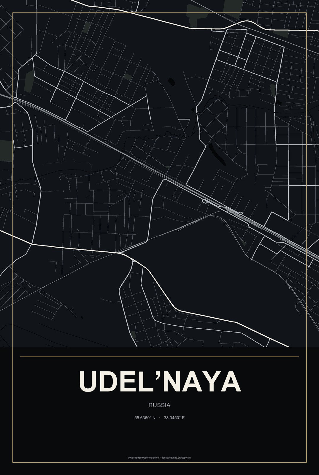 Udel’naya, Russia City Map Aluminum Sign in Metropolitan Noir style