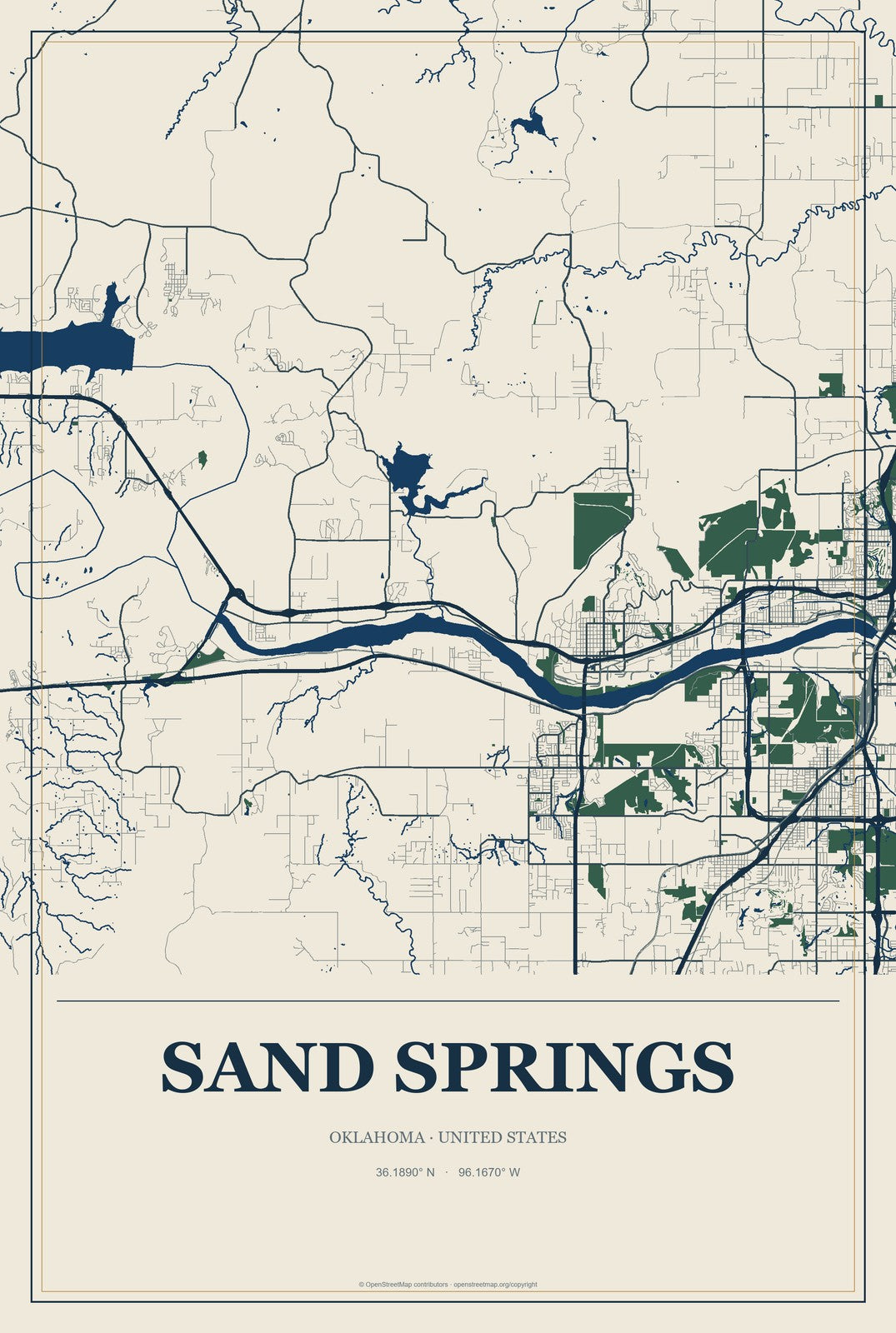Sand Springs, Oklahoma City Map Aluminum Sign in Coastal Cutout style