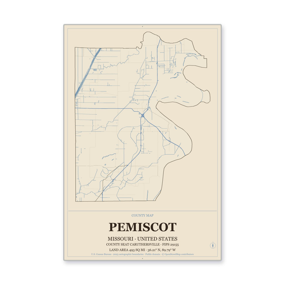 Pemiscot County, Missouri Map Aluminum Sign in Heritage Nautical style