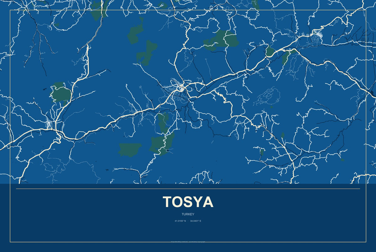 Tosya, Turkey City Map Aluminum Sign in Harbor Cobalt style