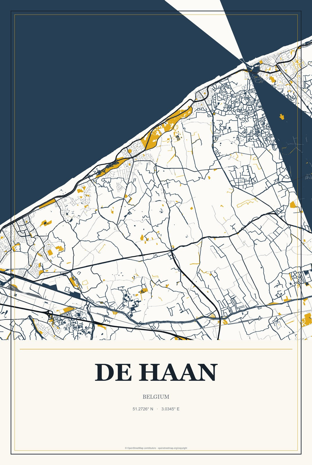 De Haan, Belgium City Map Aluminum Sign in Citrine Modern style