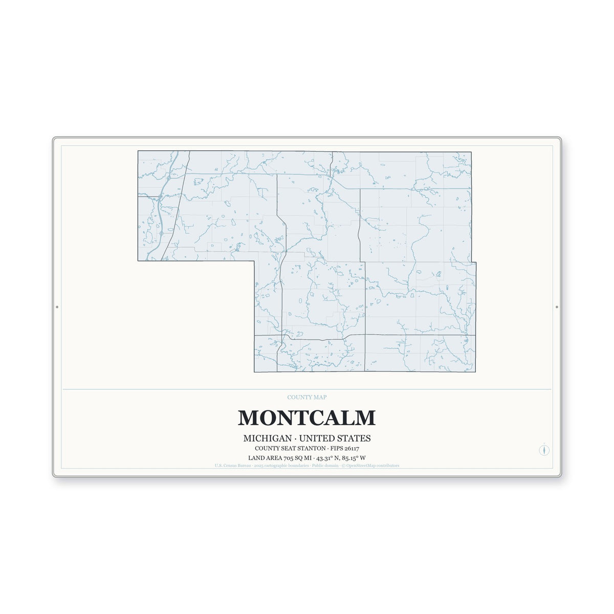 Montcalm County, Michigan Map Aluminum Sign in Gallery Air style
