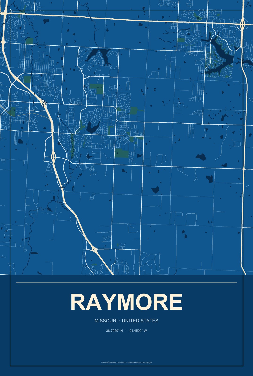 Raymore, Missouri City Map Aluminum Sign in Harbor Cobalt style