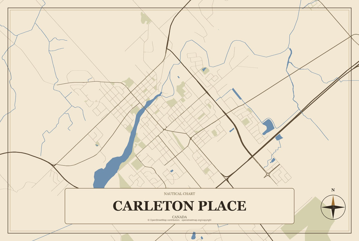 Carleton Place, Canada City Map Aluminum Sign in Heritage Nautical style