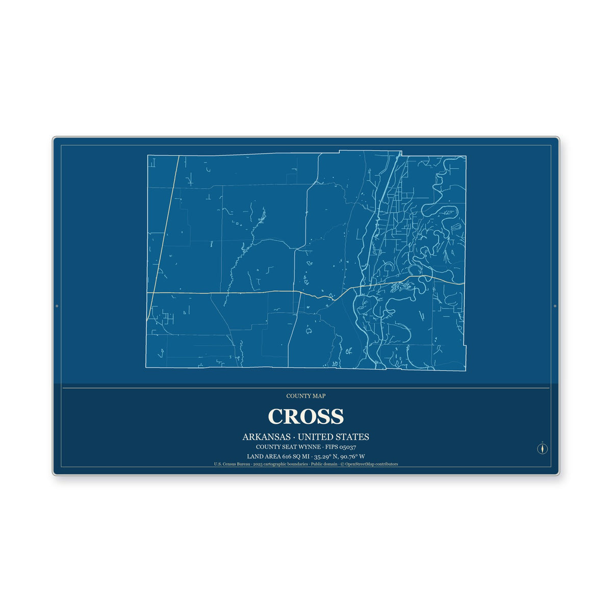 Cross County, Arkansas Map Aluminum Sign in Harbor Cobalt style