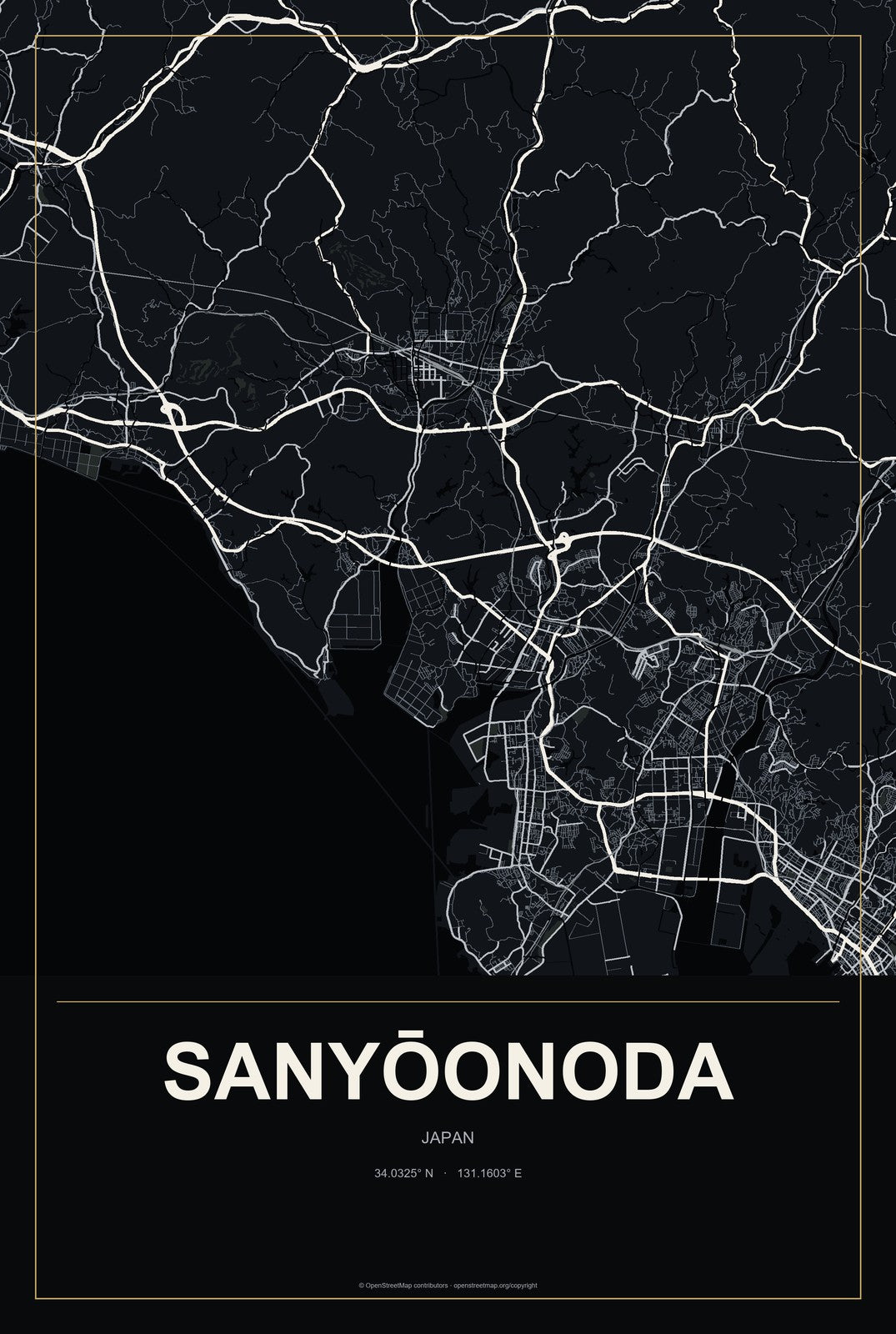 Sanyōonoda, Japan City Map Aluminum Sign in Metropolitan Noir style