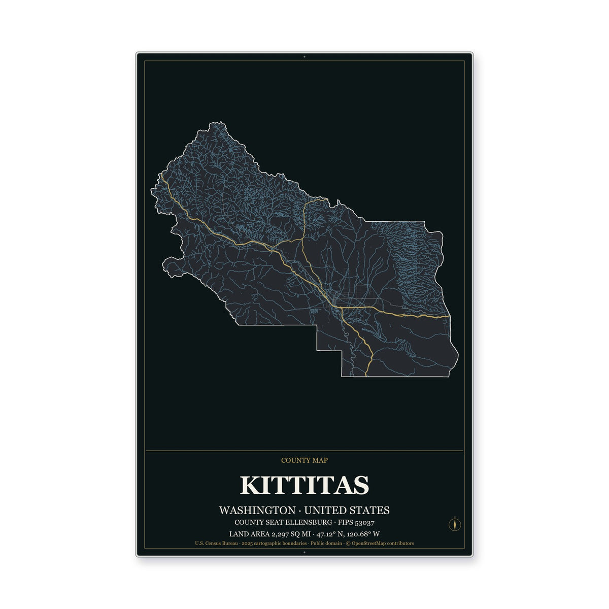Kittitas County, Washington Map Aluminum Sign in Metropolitan Noir style