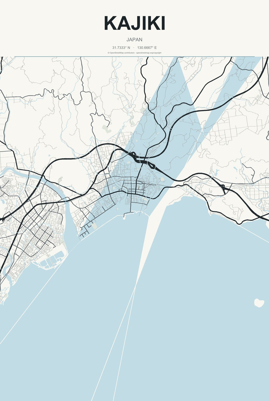 Kajiki, Japan City Map Aluminum Sign in Headline Atlas style