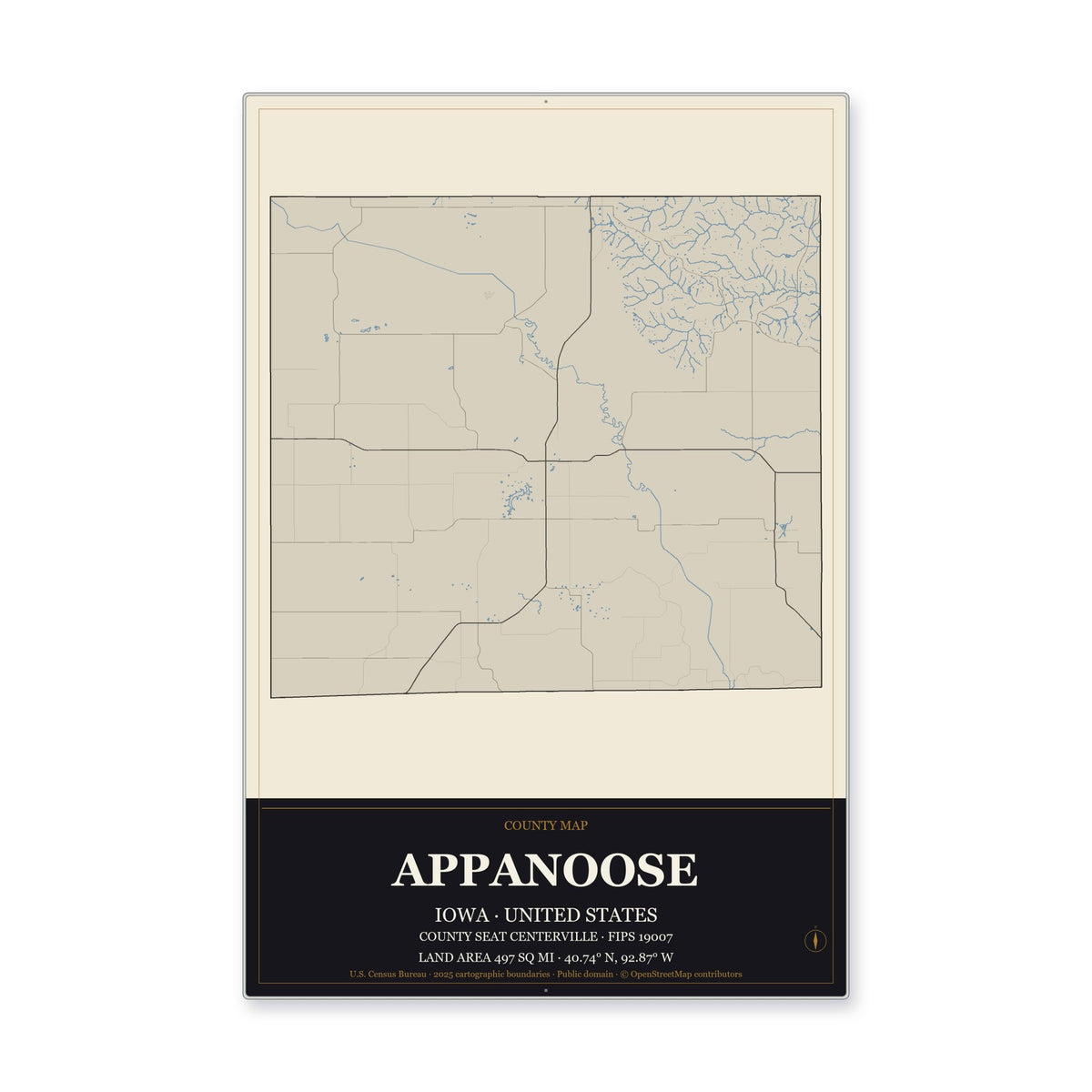 Appanoose County, Iowa Map Aluminum Sign in Museum Plaque style