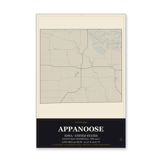 Appanoose County, Iowa Map Aluminum Sign in Museum Plaque style