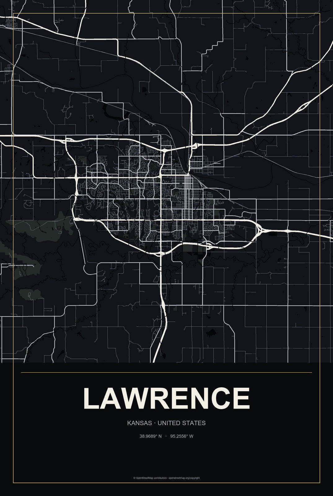 Lawrence, Kansas City Map Aluminum Sign in Metropolitan Noir style