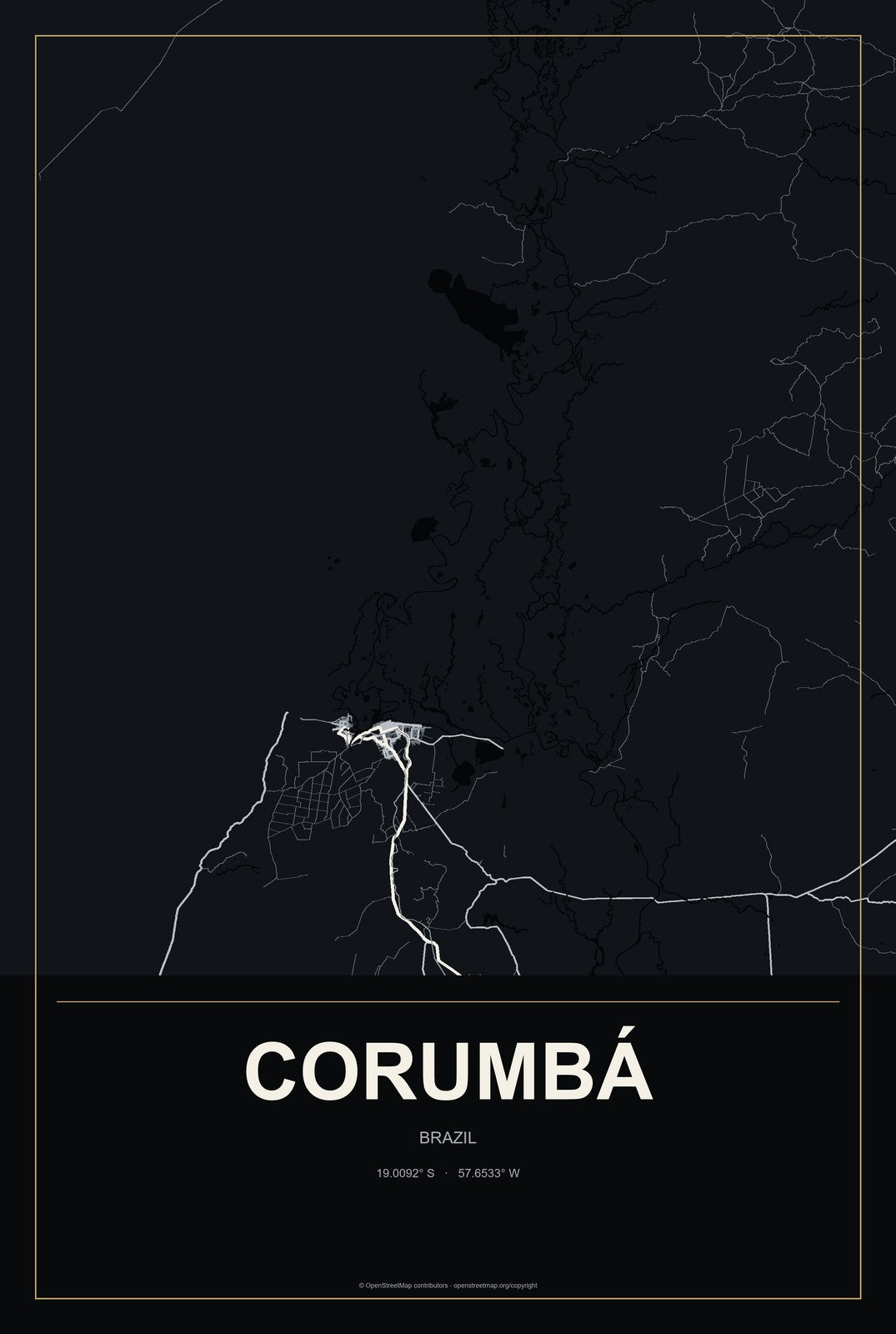 Corumbá, Brazil City Map Aluminum Sign in Metropolitan Noir style