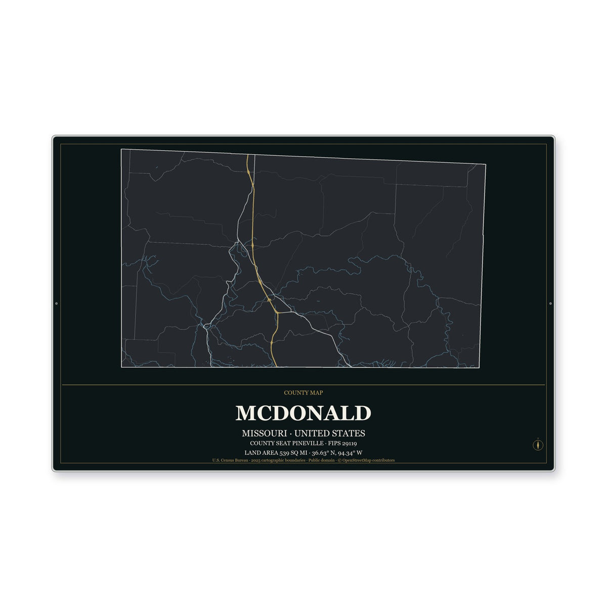 McDonald County, Missouri Map Aluminum Sign in Metropolitan Noir style