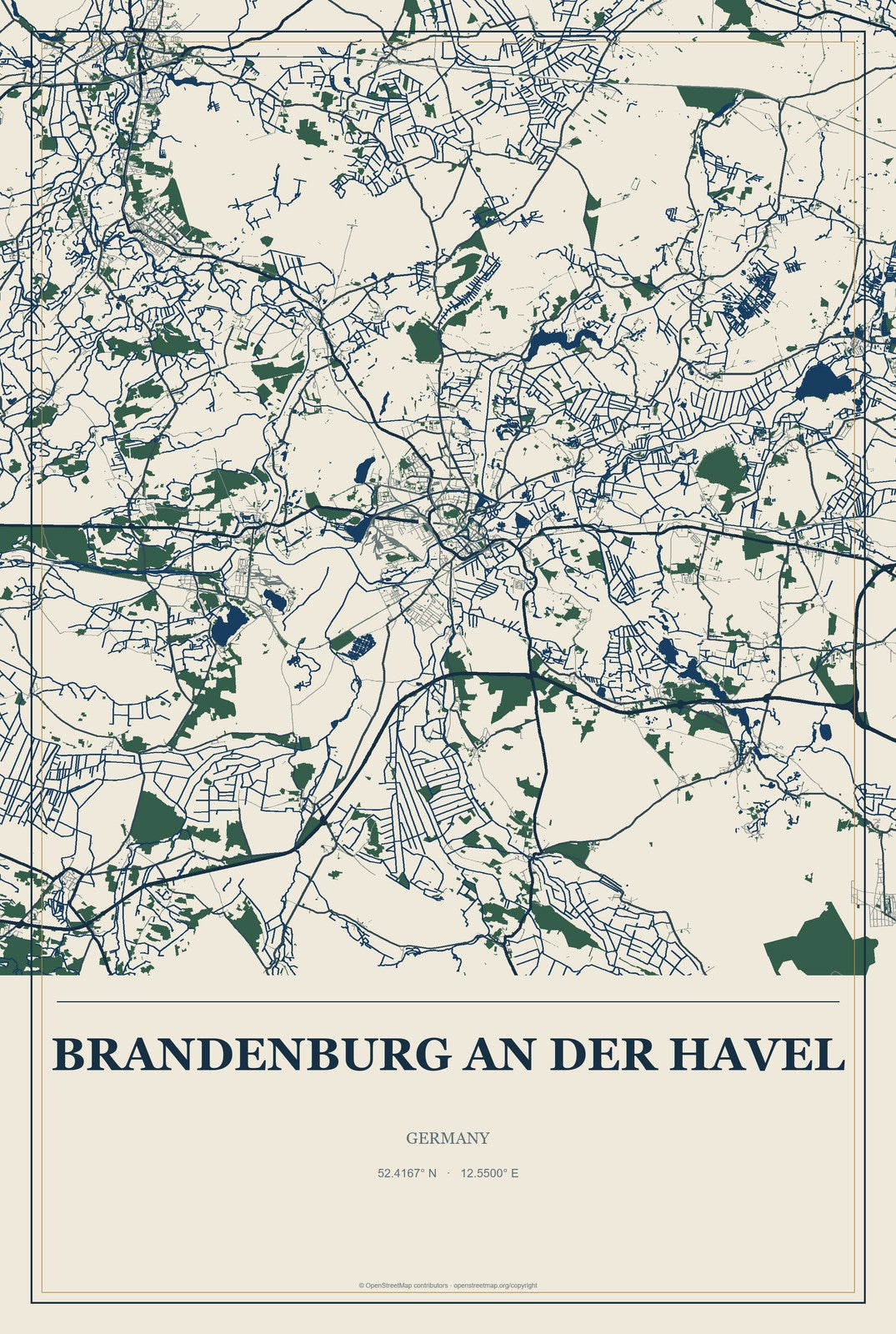 Brandenburg an der Havel, Germany City Map Aluminum Sign in Coastal Cutout style