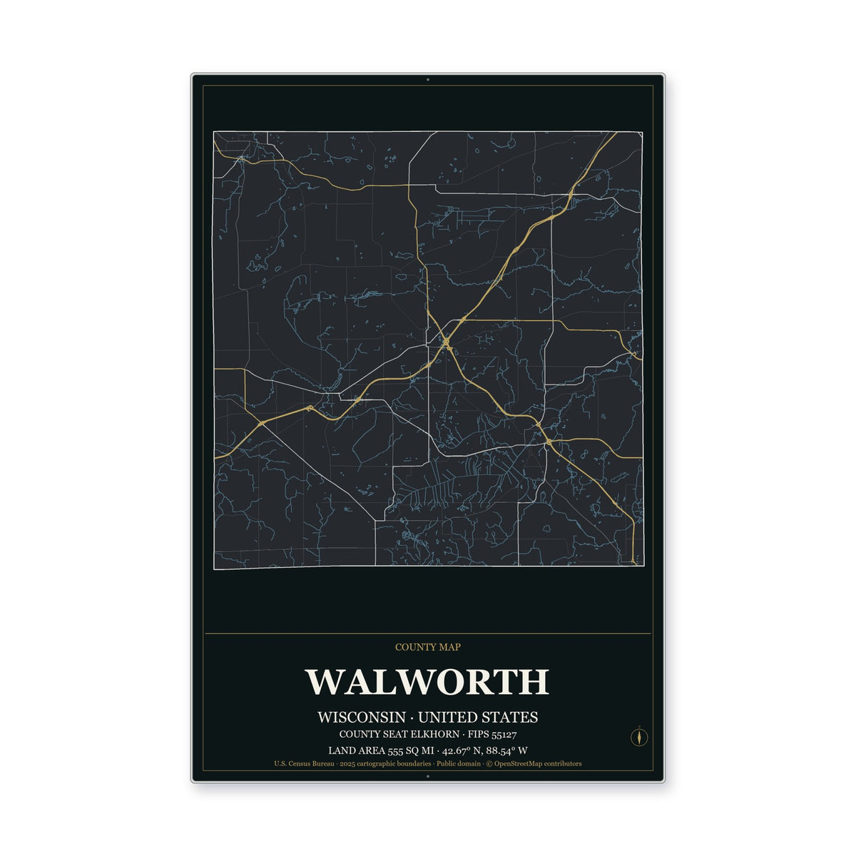 Walworth County, Wisconsin Map Aluminum Sign in Metropolitan Noir style
