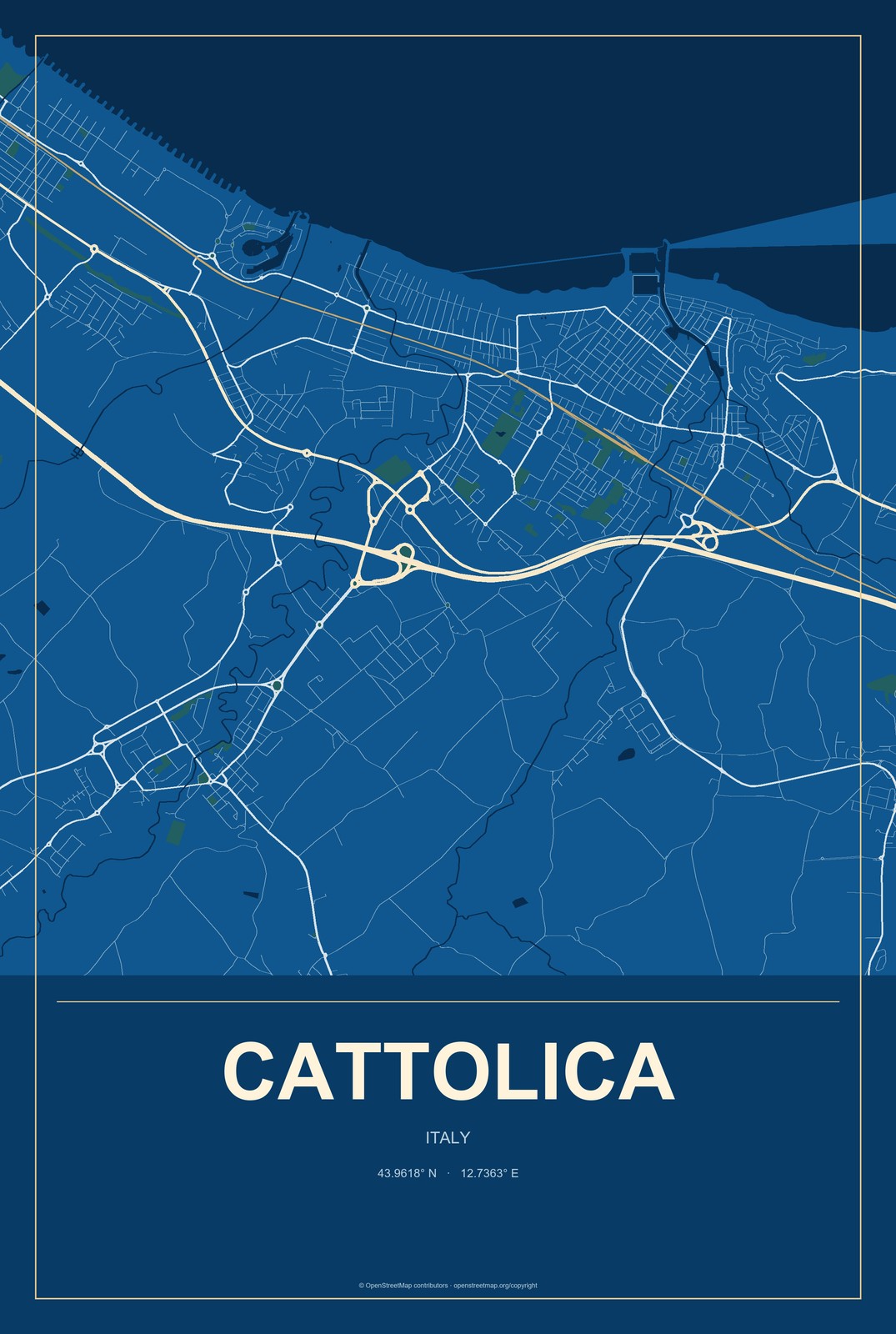 Cattolica, Italy City Map Aluminum Sign in Harbor Cobalt style