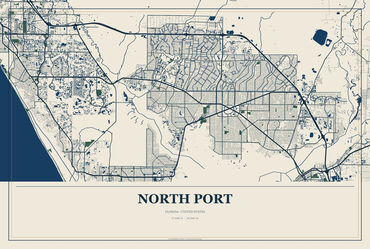 North Port, Florida City Map Aluminum Sign in Coastal Cutout style